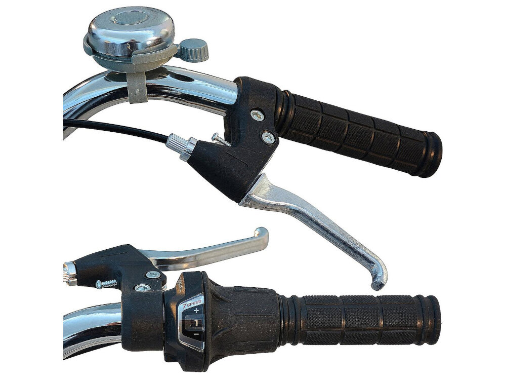 Rower trójkołowy ENERO 1060934 24 cale Zielony manetki kierownicy na białym tle dwa rodzaje hamulców z przodu mocny hamulec typu V-Brake duża siła hamowania z tyłu hamulec tarczowy hydrauliczny bardzo duża siła hamowania sprawdza się w każdych warunkach pogodowych i na każdej trasie płyn hamulcowy