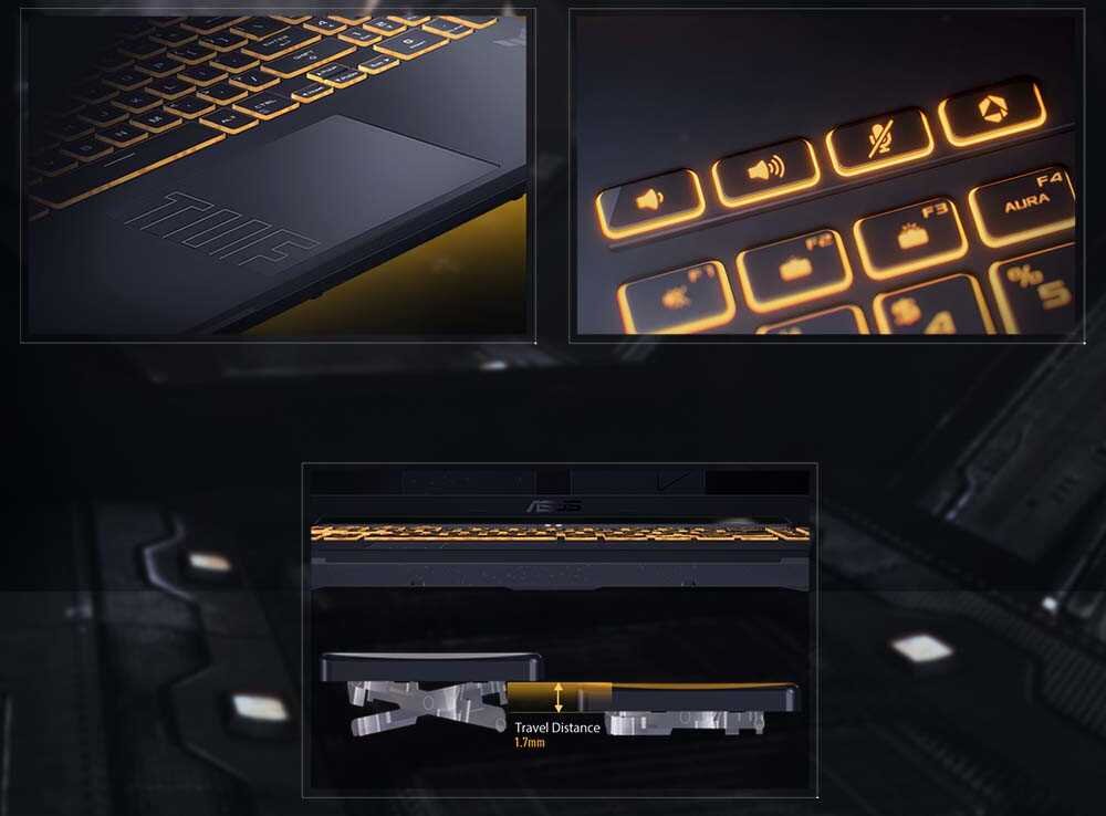 ASUS TUF Gaming F16 z trzema zoomami touchpada i klawiatury pokazującymi podświetlenie RGB AURA, klawisze F3 i F4, duży touchpad z Travel Distance 1.7mm i pełną kontrolą gestów dla precyzyjnej nawigacji i ergonomii podczas długich sesji gamingowych - dedykowane klawisze skrótu 1,7 mm skok klawiszy Duży touchpad