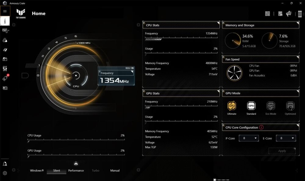 ASUS TUF Gaming F16 z interfejsem Armoury Crate 5.0 pokazującym monitoring CPU 1354MHz na 2%, pamięć RAM 34.6%, temperaturę GPU 54°C, prędkości wentylatorów i tryby wydajności Ultimate/Standard/Eco Mode/Optimized dla kompletnego zarządzania systemem i optymalizacji wydajności gamingowej - Armoury Crate