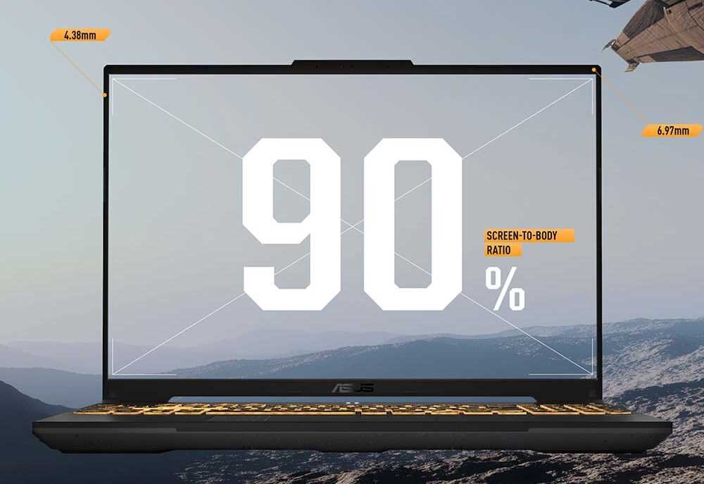 ASUS TUF Gaming F16 z ekranem WUXGA 16 cali pokazującym 90% screen-to-body ratio na tle górskiego krajobrazu z ramkami 4.38mm górną i 6.97mm boczną, prezentującym rozdzielczość 1920x1200 z proporcjami 16:10 dla większej przestrzeni roboczej - WUXGA (1920 x 1200 px) z częstotliwością 165 Hz i czasem reakcji 3 ms