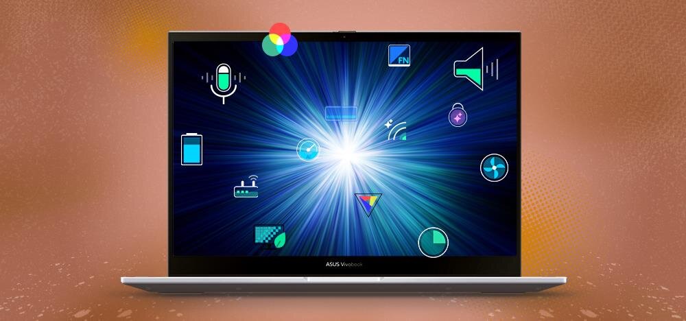 Interfejs aplikacji MyASUS na laptopie ASUS VivoBook S 14 Flip – centralny punkt z promienistym światłem i ikonami funkcji, takimi jak mikrofon, bateria, wentylator i głośność, symbolizujący centrum sterowania urządzeniem. - MyASUS