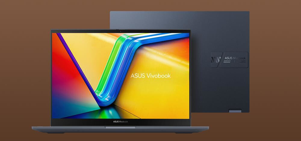 Laptop ASUS VivoBook S 14 Flip na którym widoczne jest kolorowe logo Vivobook w kształcie litery V, prezentujący żywe kolory i elegancki design z widokiem na przód i tył urządzenia. - Opis serii VivoBook S 14 Flip