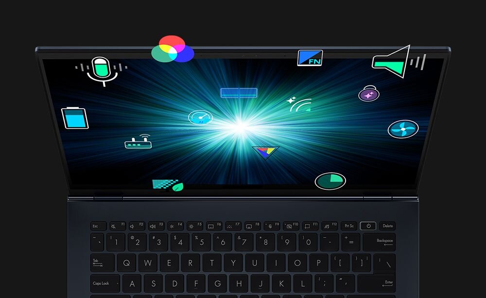 Otwarty laptop ASUS VivoBook S 14 na czarnym tle, na ekranie dynamiczny rozbłysk światła i kolorowe ikony symbolizujące funkcje dostępne w aplikacji MyASUS: mikrofon, bateria, Wi-Fi, głośnik, wentylator, podkreślające wszechstronność i nowoczesność urządzenia. - ASUS MyASUS
