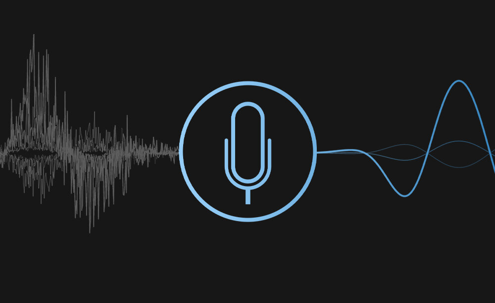 Graficzna reprezentacja redukcji szumów audio – po lewej stronie wykres fali dźwiękowej z dużą ilością zakłóceń, po prawej ikona mikrofonu w niebieskim okręgu, symbolizująca zaawansowane filtry AI usuwające niechciane dźwięki z otoczenia podczas rozmów . - Czysty dźwięk z ASUS AI