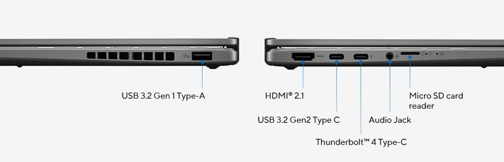Laptop ASUS VivoBook z Thunderbolt 4 pokazuje porty USB-C, HDMI i czytnik kart podczas podłączania akcesoriów w pracy biurowej 