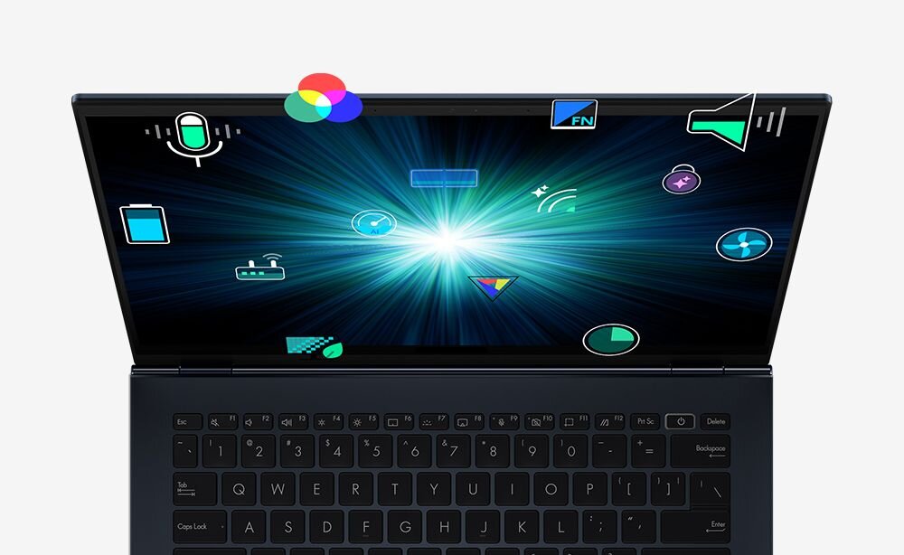 Laptop ASUS VivoBook z aplikacją MyASUS wyświetla ikony funkcji systemowych na ekranie podczas zarządzania ustawieniami w pracy biurowej 