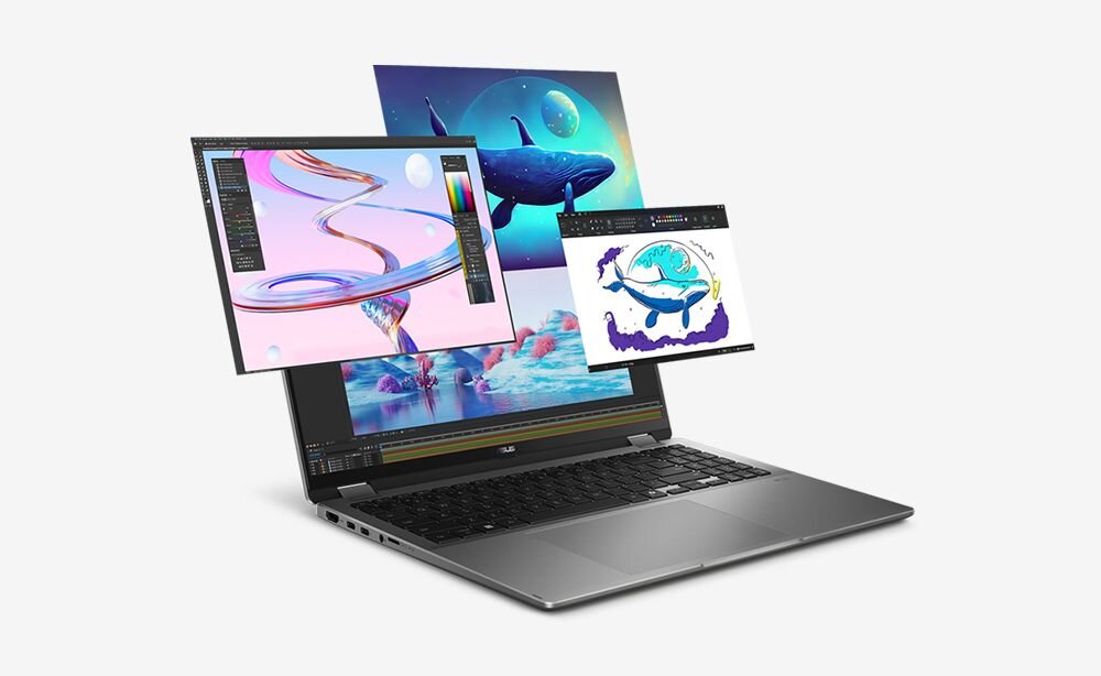 Laptop ASUS VivoBook z wydajnym procesorem wyświetla aplikacje graficzne i projekty podczas pracy kreatywnej i multitaskingu 