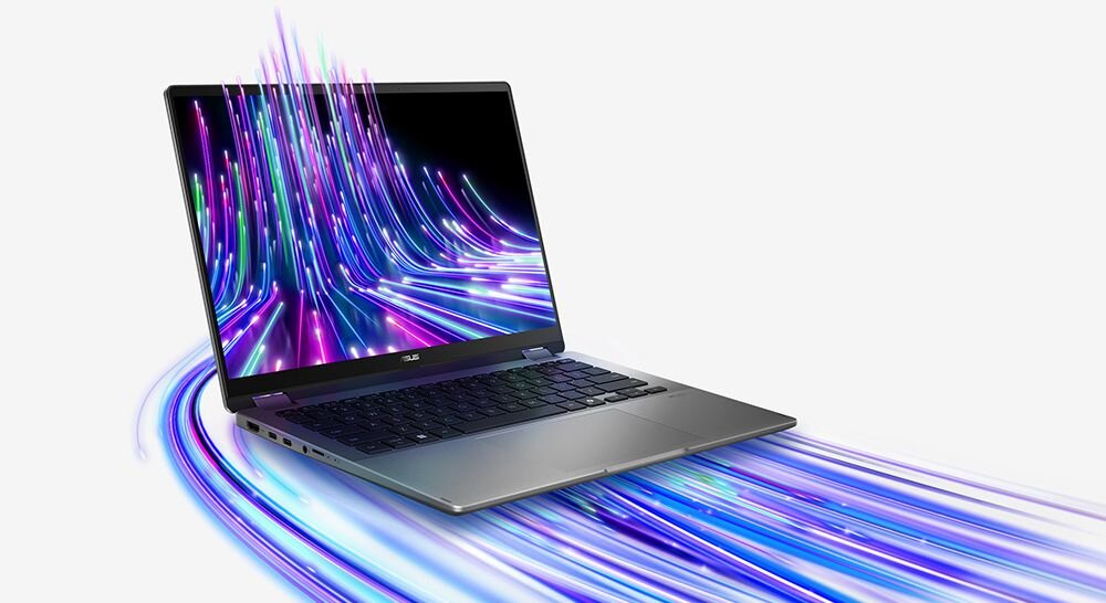 Laptop z otwartym ekranem, na którym wyświetlane są kolorowe, świetliste linie, które zdają się wychodzić poza ekran. Na obudowie widoczne jest logo ASUS.
