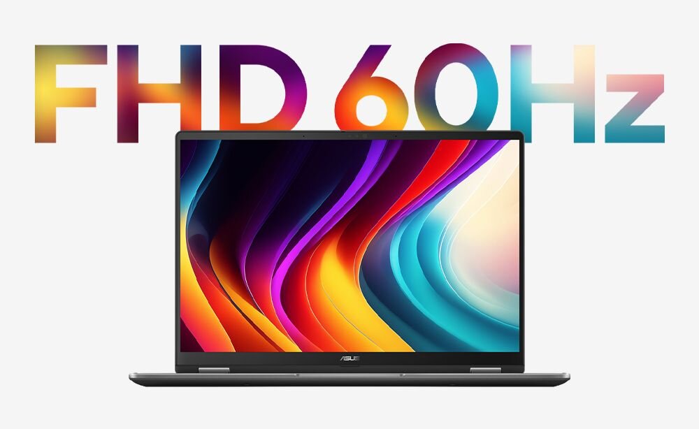 Laptop z kolorowym ekranem wyświetlającym abstrakcyjne wzory, z widocznym logo ASUS na dolnej ramce. W tle znajduje się napis \'FHD 60Hz\' w kolorowym stylu.