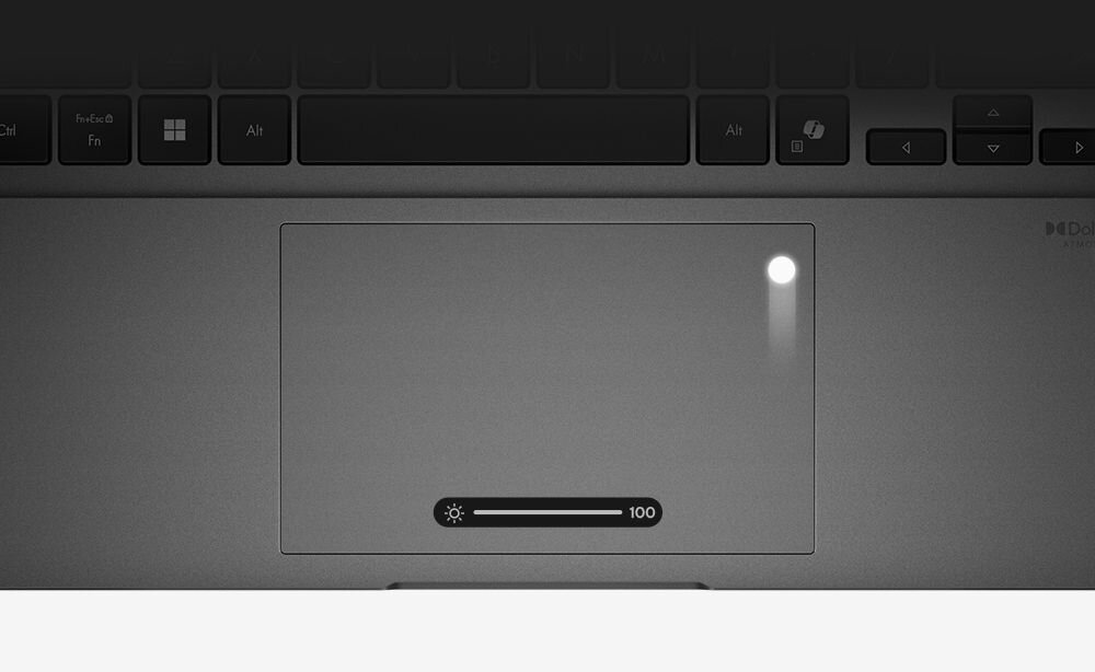 Obraz przedstawia touchpad laptopa z widocznym wskaźnikiem jasności ustawionym na 100. W tle widać fragment klawiatury z klawiszami funkcyjnymi.