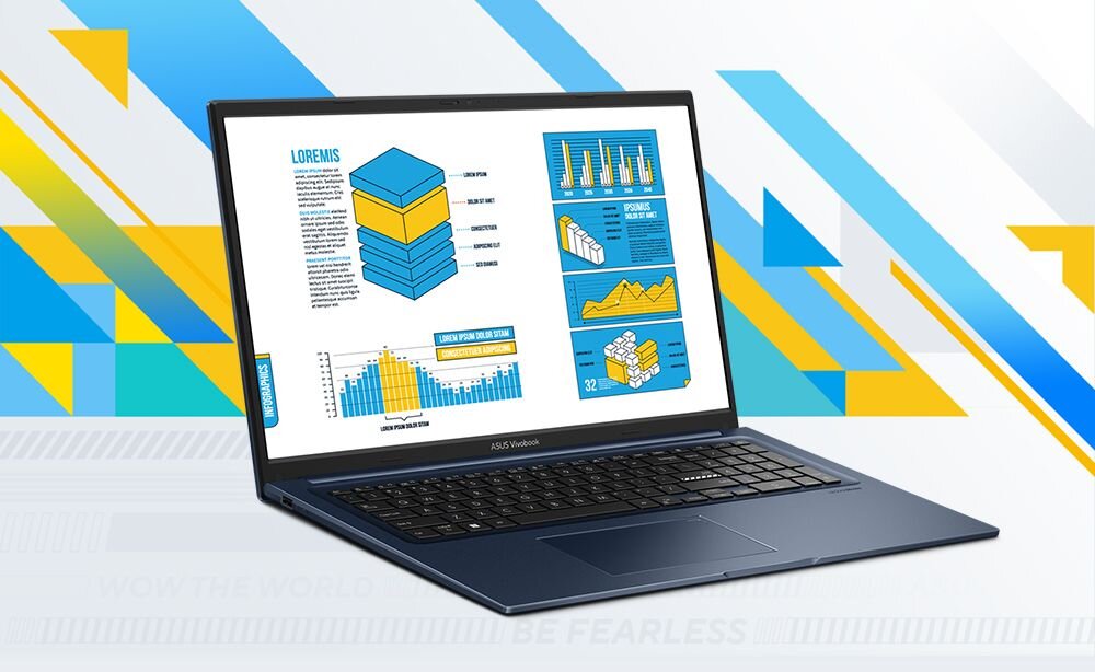 Otwarty laptop ASUS VivoBook 17X w kolorze granatowym, ustawiony na tle z żółto-niebieskimi geometrycznymi wzorami; na ekranie prezentacja infografik i wykresów w odcieniach niebieskiego i żółtego, symbolizująca zastosowania biurowe i edukacyjne. - Intel Core SSD Wi-Fi 6E