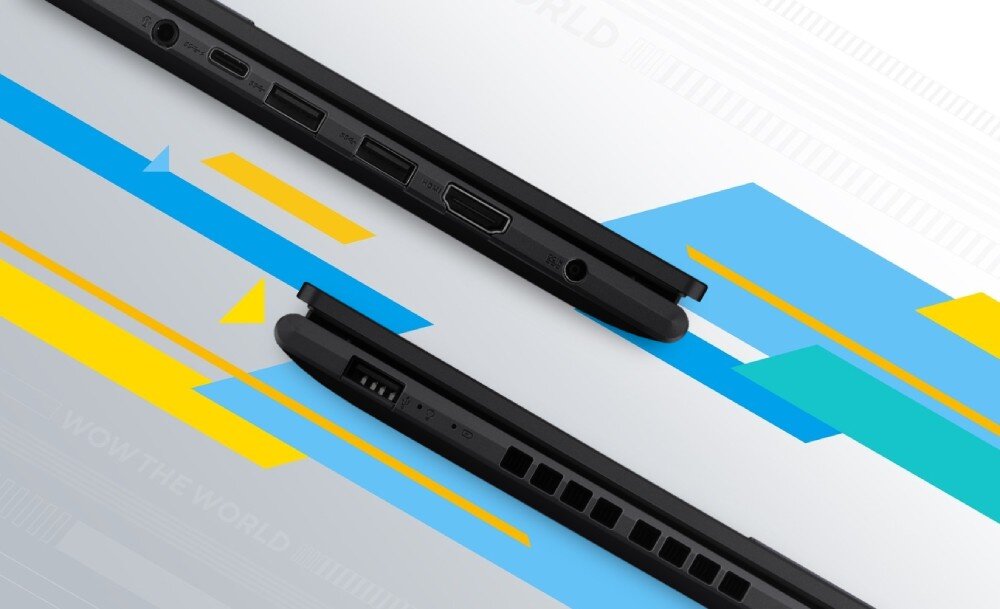Zbliżenie na boczne krawędzie laptopa ASUS Vivobook 16 na białym tle z kolorowymi, geometrycznymi akcentami w odcieniach niebieskiego, żółtego i zielonego; górny panel prezentuje porty: gniazdo audio, dwa USB-A, USB-C, HDMI; dolny panel: dodatkowy USB-C, wyloty wentylacyjne i złącze zasilania, smukły profil urządzenia. 