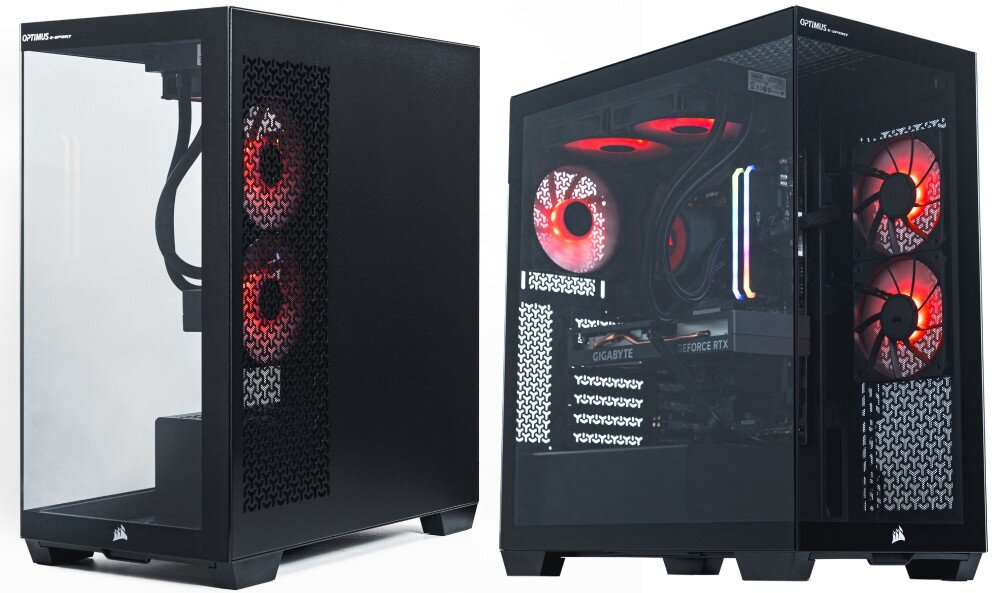 Komputer OPTIMUS E-sport GA550T-CR4 Dwa zdjęcia przedstawiające komputer z zewnątrz. Jedno pokazuje obudowę z przodu i z boku, drugie widok przez boczny, przezroczysty panel z widocznym wnętrzem komputera i czerwonym oświetleniem wentylatorów, obudowa, zasilacz, moc, porty