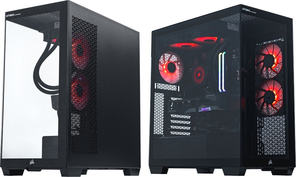 Komputer OPTIMUS E-sport GA550T-CR5 Dwa zdjęcia przedstawiające komputer z zewnątrz. Jedno pokazuje obudowę z przodu i z boku, drugie widok przez boczny, przezroczysty panel z widocznym wnętrzem komputera i czerwonym oświetleniem wentylatorów, obudowa, zasilacz, moc, porty