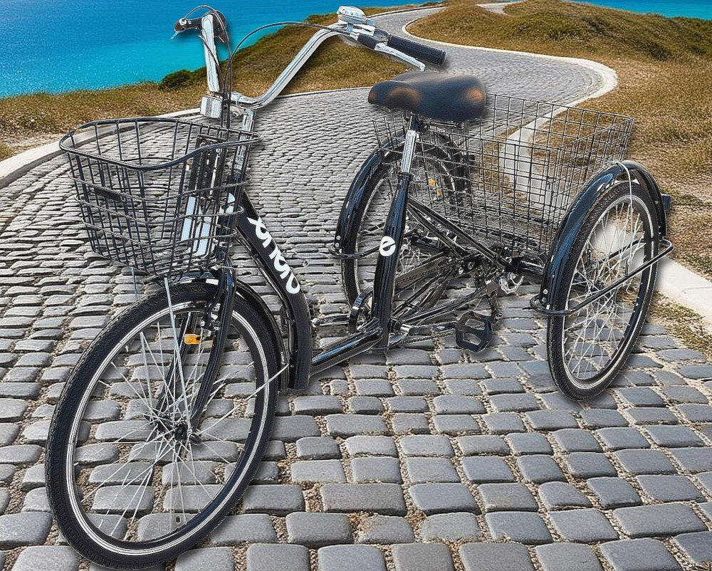 Rower trójkołowy ENERO 1060972 24 cale Czarny rower na chodniku w tle woda scieżka dla osób wymagających rehabilitacji dla osób z różnymi chorobami układu ruchu dla osób starszych i mających problemy z równowagą dla ludzi w pełni zdrowych nie wymaga balansowania zakręty pokonywane są za pomocą skrętu kierownicy