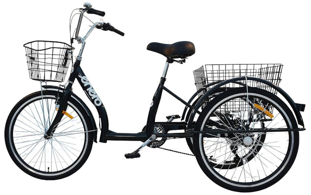 Rower trójkołowy ENERO 1060972 24 cale Czarny rower na białym tle widoczny z boku duża stabilność komfortowa i przyjemna jazda 15-calowa stalowa rama typu holenderskiego nisko osadzona bardzo dobrze tłumi wibracje amortyzuje niewielkie nierówności łatwa w naprawie wybór rozmiaru ramy Twój wzrost mierzony w zrelaksowanej pozycji typ roweru