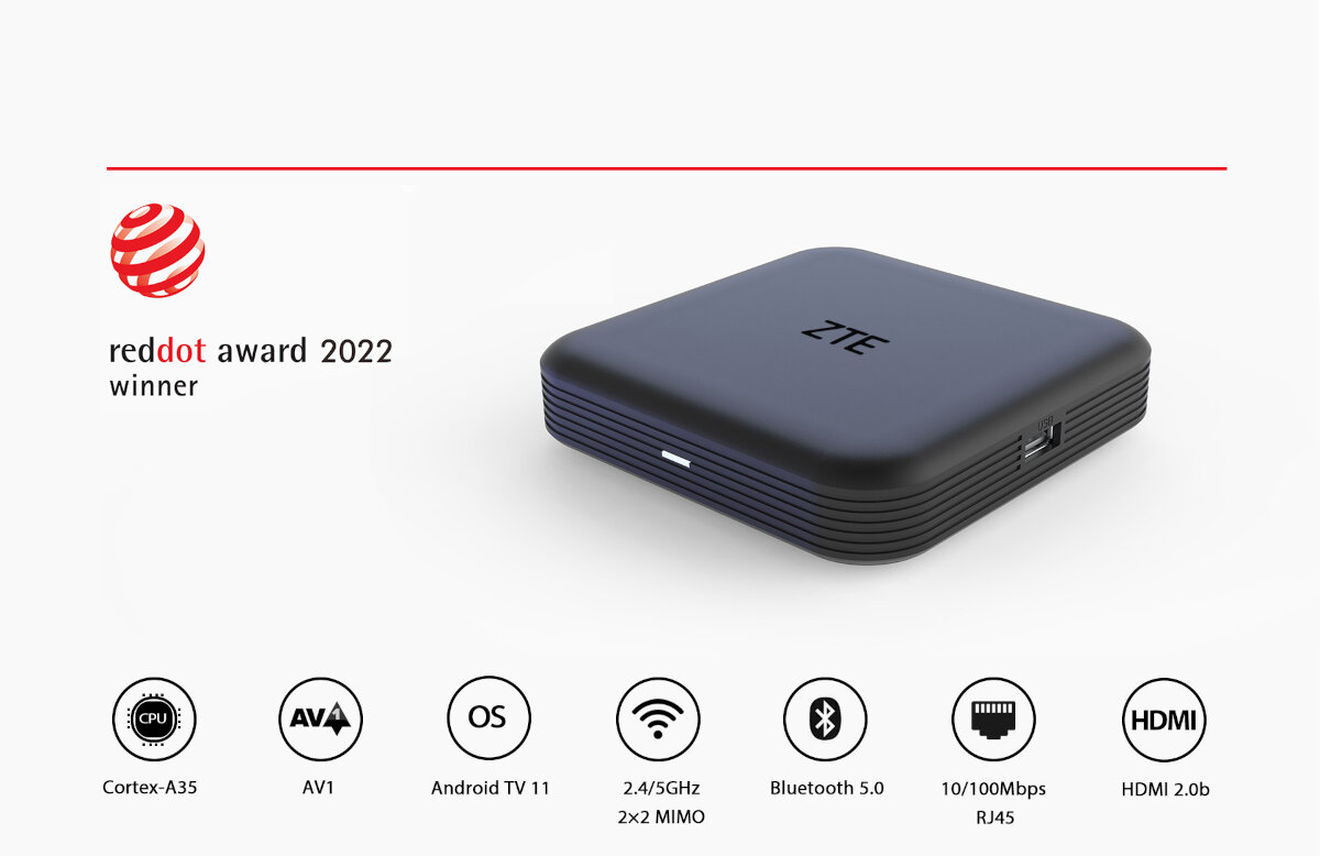 Odtwarzacz multimedialny 4K ZTE Android TV Box ZXV10 B866V2K - Wyróżniony design na poziomie, urządzenie pod skosem, nagroda red dot design award 2022