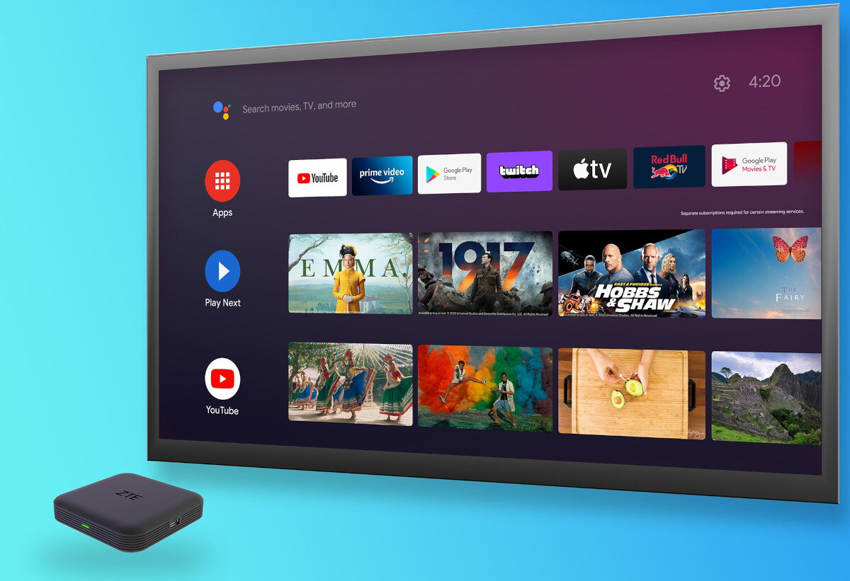 Odtwarzacz multimedialny 4K ZTE Android TV Box ZXV10 B866V2K - Nietuzinkowy system i złącza, urządzenie pod skosem obok telewizora