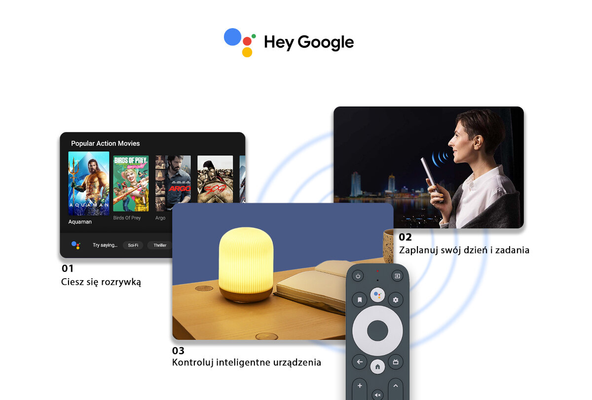 Odtwarzacz multimedialny 4K ZTE Android TV Box ZXV10 B866V2K - Sterowanie głosem, obrazki pokazujące funkcje sterowania głosem