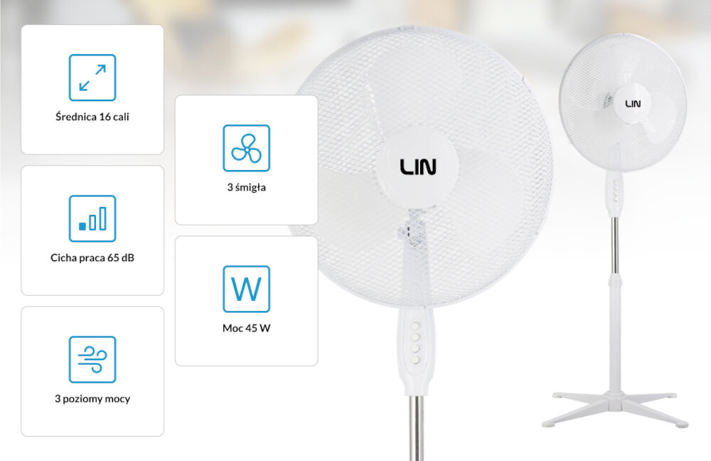 Wentylator LIN LI16FS2501 Biały Wydajne i ciche działanie średnica moc chłodne powietrze Trzy śmigła w osłonie efektywna cyrkulacja powietrza regulacja trzech poziomów mocy dostosowanie preferencje Poziom hałasu do 60 dB 
