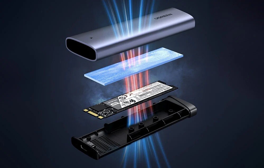 Obudowa dysku UGREEN CM767 Grafika przedstawiająca rozłożoną obudowę na części składowe w widoku eksplodującym. Pomiędzy górną a dolną częścią obudowy widać niebieską podkładkę termiczną oraz dysk SSD marki WD Blue. Kolorowe linie symbolizują przepływ powietrza i odprowadzanie ciepła