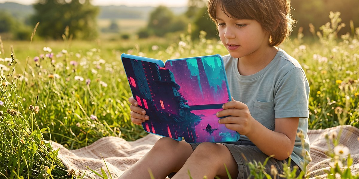 Dziecko siedzi na kocu na trawie, trzymając czytnik e-booków z kolorową okładką przedstawiającą futurystyczne miasto. W tle widać rozmyty krajobraz z drzewami i kwiatami.