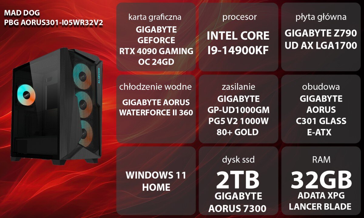 Komputer MAD DOG Powered By Gigabyte AORUS301-I05WR32V2 Komputer gamingowy z przezroczystym panelem bocznym i podświetlanymi wentylatorami. Obok znajduje się zestaw informacji o podzespołach, opis