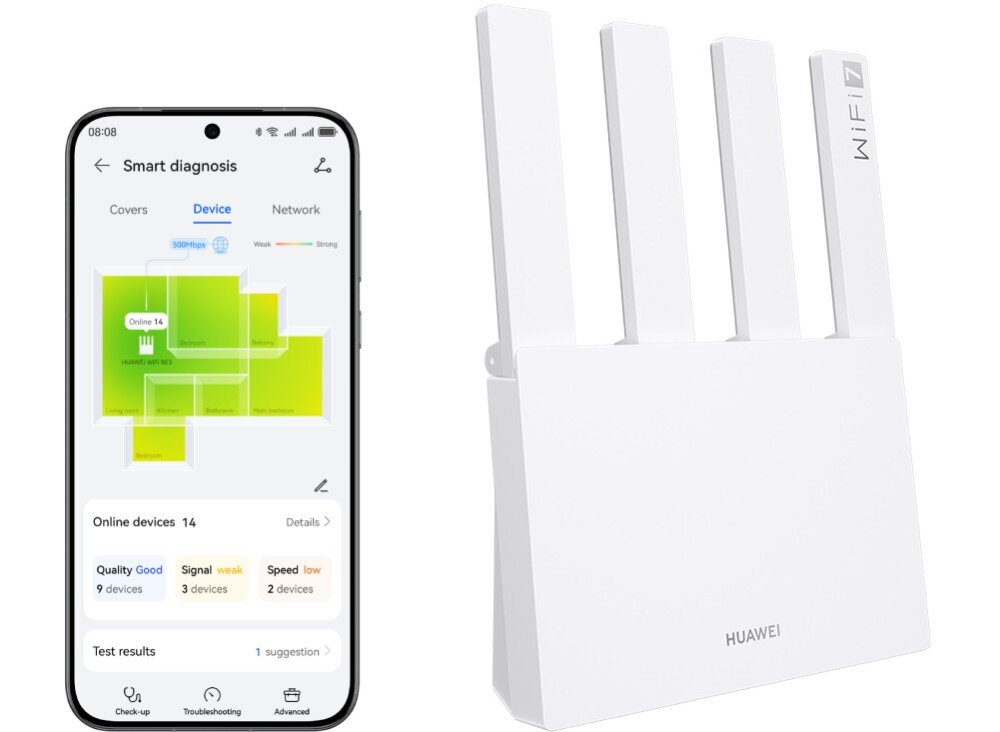 Router HUAWEI BE3 BE3600 Smartfon z aplikacją diagnostyczną pokazującą mapę zasięgu Wi-Fi w mieszkaniu. Obok stoi router z czterema antenami, mapa zasięgu, analiza, wizualizacja