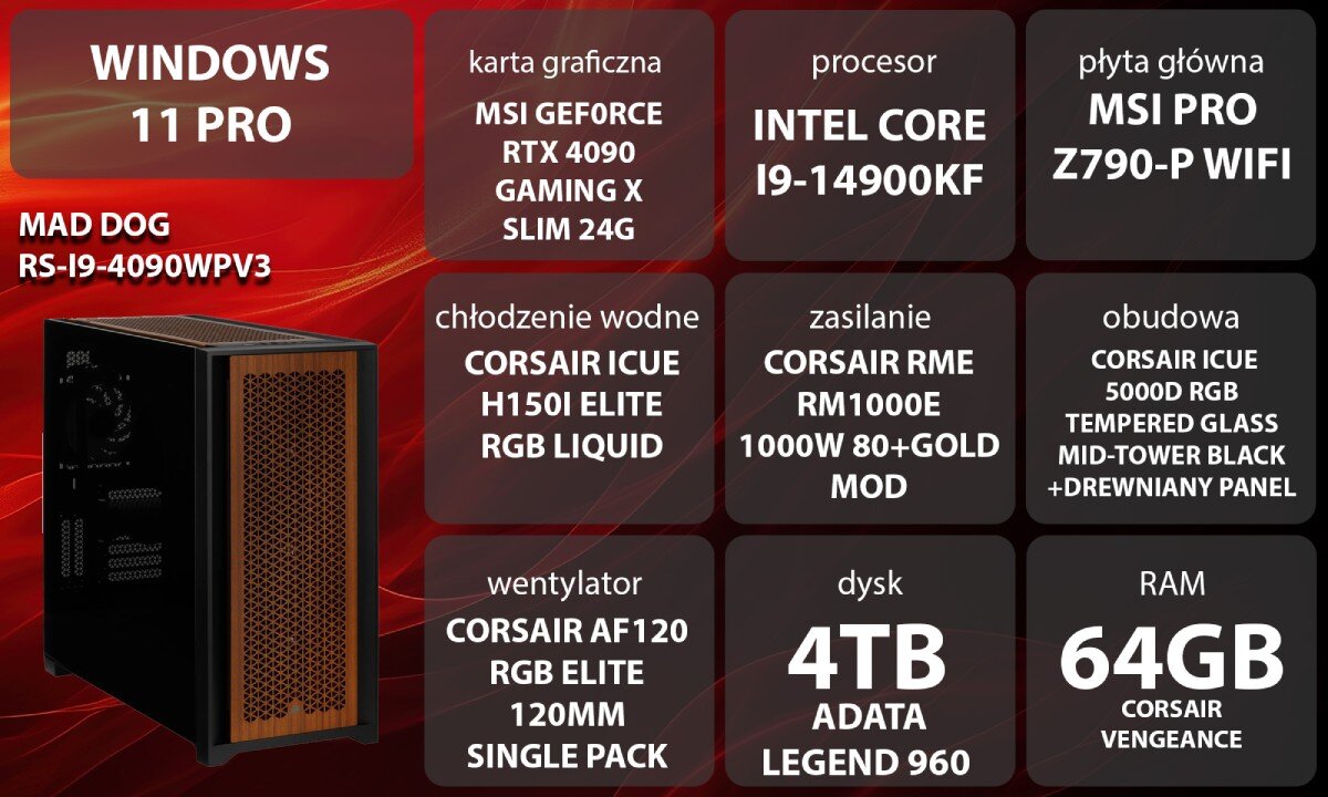 Komputer XQUANTUM Creator GeForce RTX Studio RS-I9-4090WPV3 Grafika przedstawiająca specyfikację komputera, zawierająca informacje o procesorze, karcie graficznej, pamięci RAM, chłodzeniu, zasilaniu i obudowie, z czerwonym tłem, opis