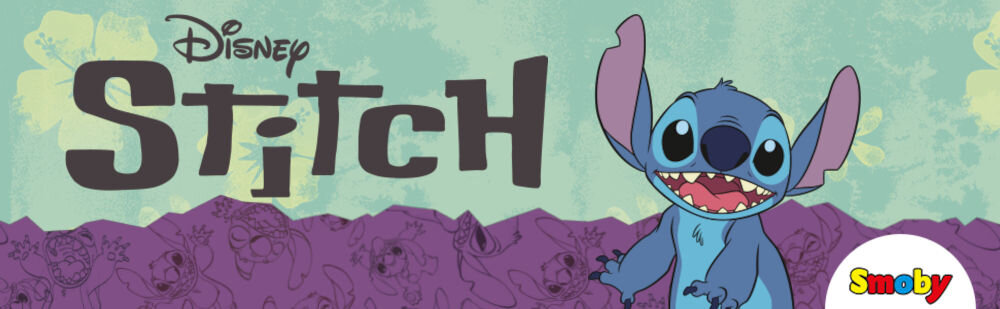 Tor SMOBY Flextreme Stitch 7600180927 Disney Stitch Smoby wizualizacja postaci z animacji na zielono-fioletowym tle