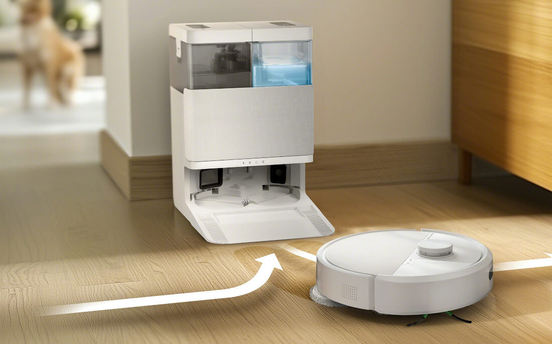 Robot sprzątający IROBOT Roomba Plus 405 Combo Biały wygląd design tło prezentacja wizualizacja lifestyle Sprzątanie bez wysiłku