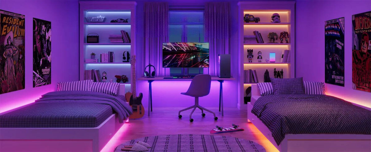 Taśma LED GOVEE H6110 (2 x 5m), dekoracja, oświetlenie, wnętrza, atmosfera, Pokój młodzieżowy z dwoma łóżkami i różnokolorowym podświetleniem LED mebli.