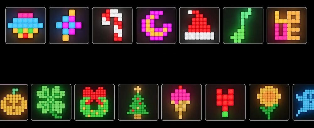 Panel świetlny GOVEE H8069 (10 szt.) pokazanie przykładowych wzorów do ułożenia Modułowe kwadratowe panele LED umożliwiające tworzenie własnych wzorów na ścianie