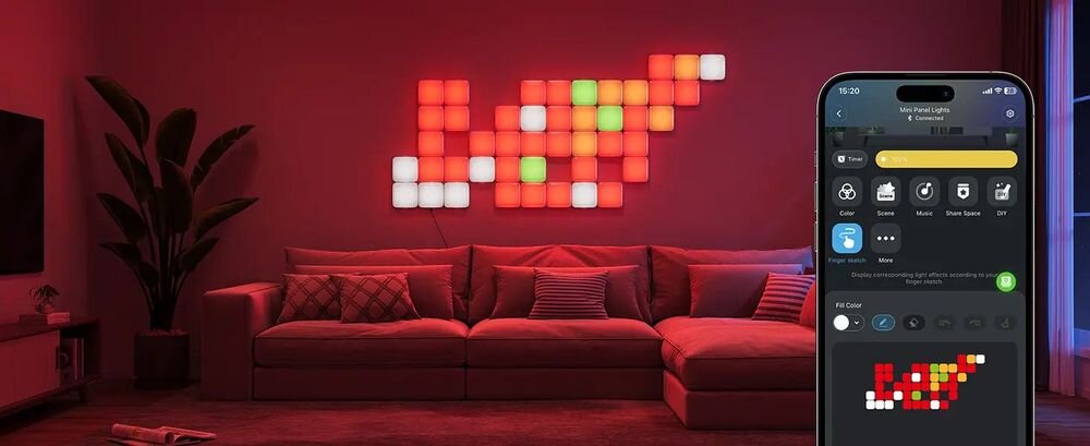 Panel świetlny GOVEE H8069 (10 szt.) panele na ścianie wzór telefon z włączoną aplikacją Sterowanie panelami oświetleniowymi Govee przez aplikację i komendy głosowe