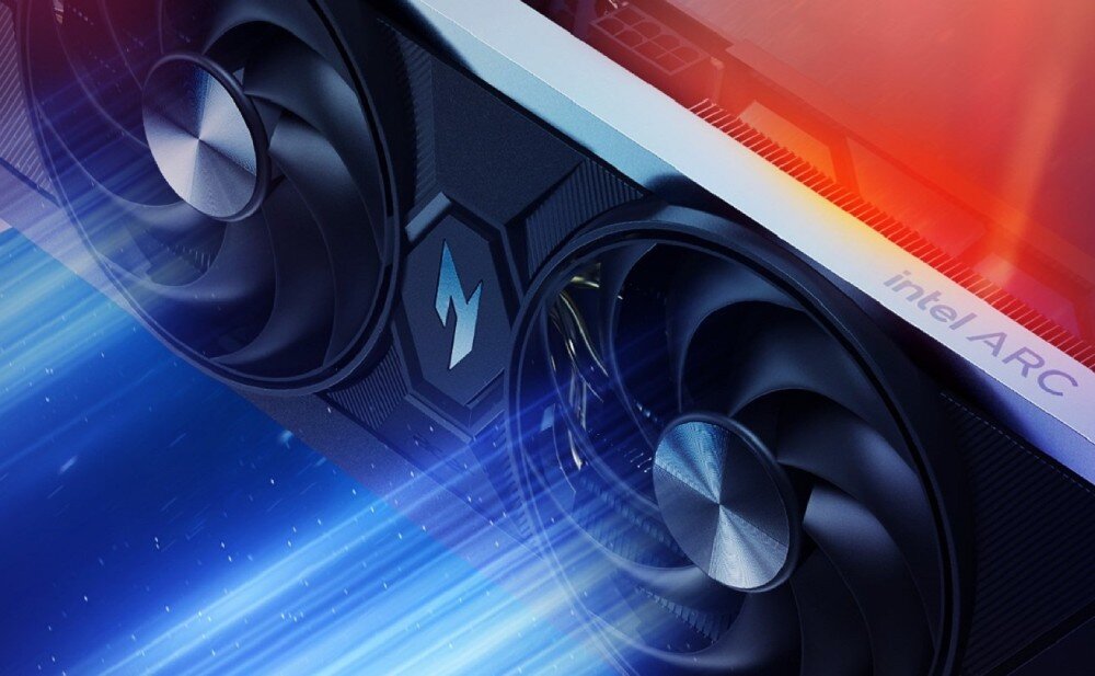 Karta graficzna ACER Nitro Arc B580 OC 12GB Zbliżenie na dwa wentylatory karty graficznej z logo przypominającym błyskawicę oraz widocznym napisem 'intel ARC', chłodzenie, wentylatory, łożyska