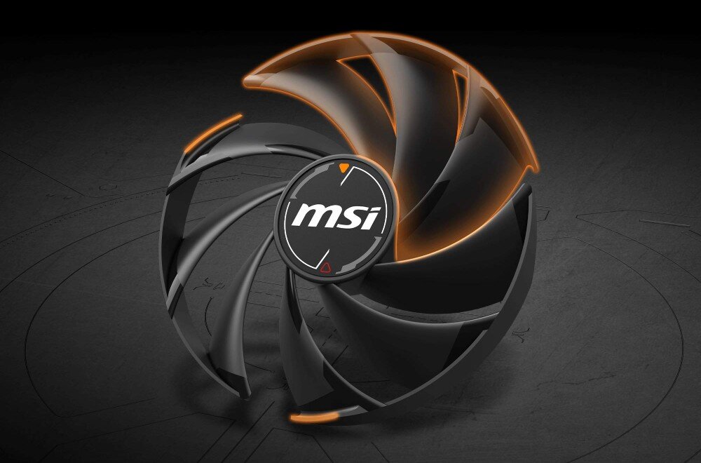 Karta graficzna MSI GeForce RTX 5070 Ti SHADOW 3X OC 16GB Pojedynczy wentylator z logo MSI, z zaznaczonymi na pomarańczowo końcówkami łopatek, pokazany na czarnym tle, łopatki, łączniki, wentylator, przepływ powietrza