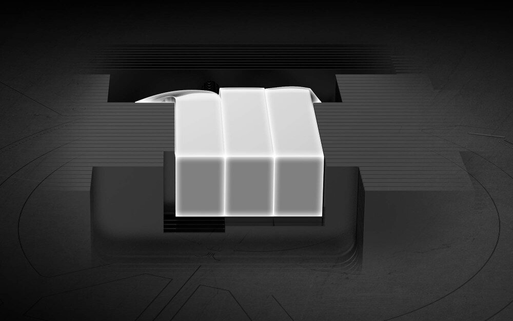 Karta graficzna MSI GeForce RTX 5070 Ti SHADOW 3X OC 16GB Zbliżenie na kwadratową podstawę systemu chłodzenia z kilkoma grubymi rurkami cieplnymi, pokazane z góry na ciemnym tle, ciepłowody