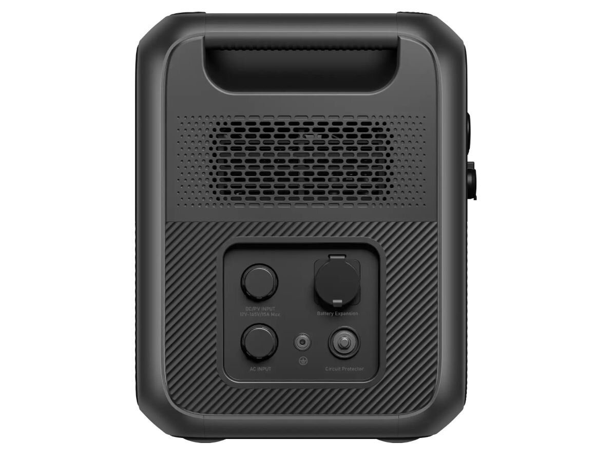 Stacja zasilania BLUETTI AC200L 2048 Wh Bank energii, panele, gniazdo, zapalniczka, samochód, na białym tle stacja od boku frontem na wprost