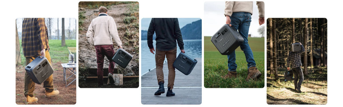 Stacja zasilania BLUETTI AC180P 1440 Wh Bank energii, zasilanie, energia, prąd, na białym tle osoby niosą stację zasilania w ręce