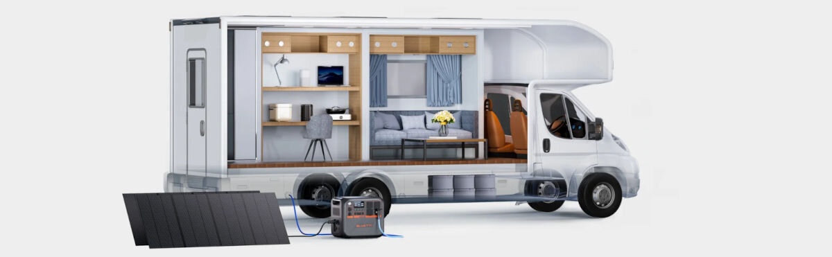 Stacja zasilania BLUETTI AC200PL 2304 Wh Bank energii, solarne, panele, instalacja, awaryjne, na białym tle camper z wizualizacją ładowania stacji