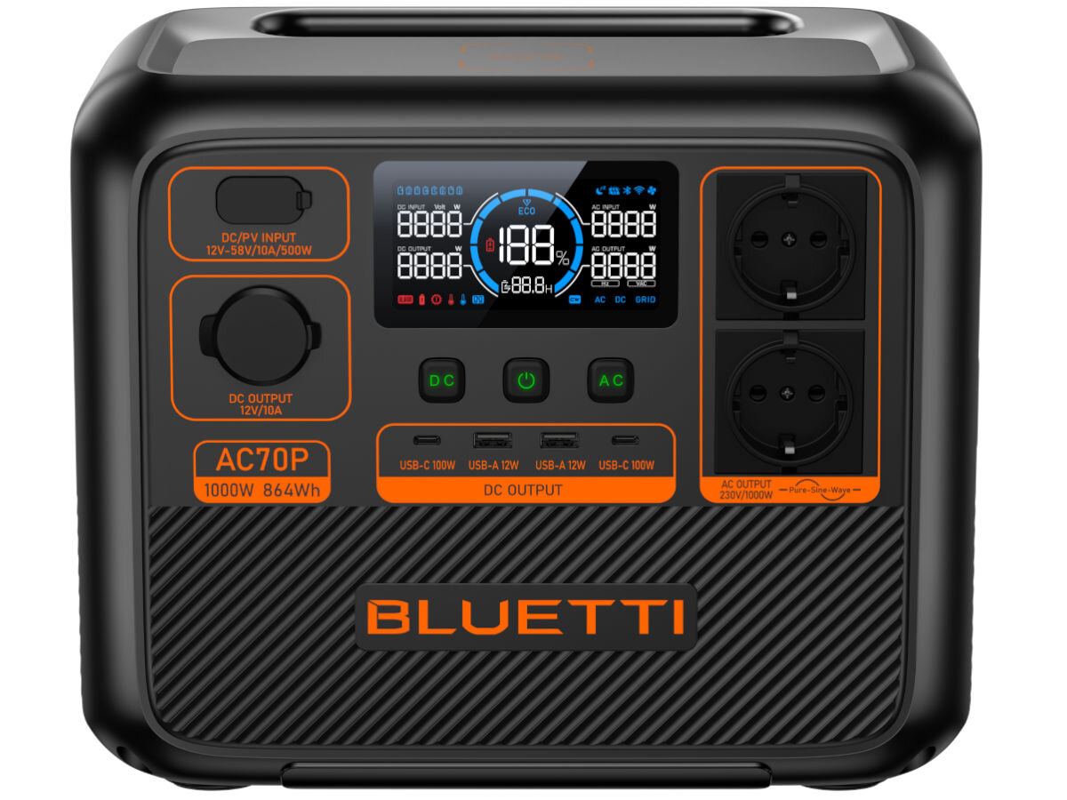 Stacja zasilania BLUETTI AC70P 864 Wh Bank energii, zasilanie, energia, podróże, gniazdko, na białym tle stacja zasilania frontem na wprost