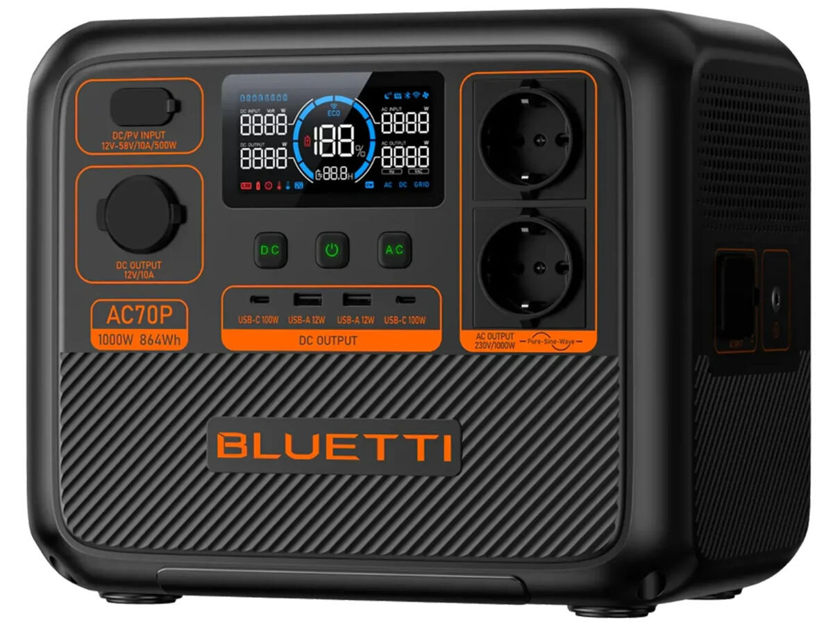 Stacja zasilania BLUETTI AC70P 864 Wh Bank energii, aplikacja, moduł, bateria, stan, na białym tle stacja frontem prawo skos