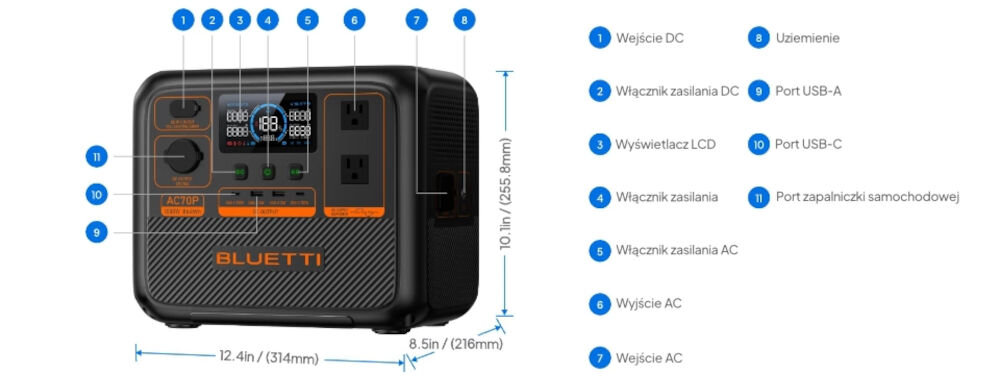 Stacja zasilania BLUETTI AC70P 864 Wh Bank energii, 80%, pojemność, cykle, 3000, bateria, na białym tle stacja zasilania i wizualizacja wskazania każdego elemenentu stacji zasilania