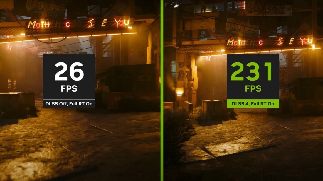 Dwa ekrany wyświetlają ten sam obraz budynku, ukazując jego architekturę i detale.  - DLSS zwiększenie liczby klatek na sekundę  