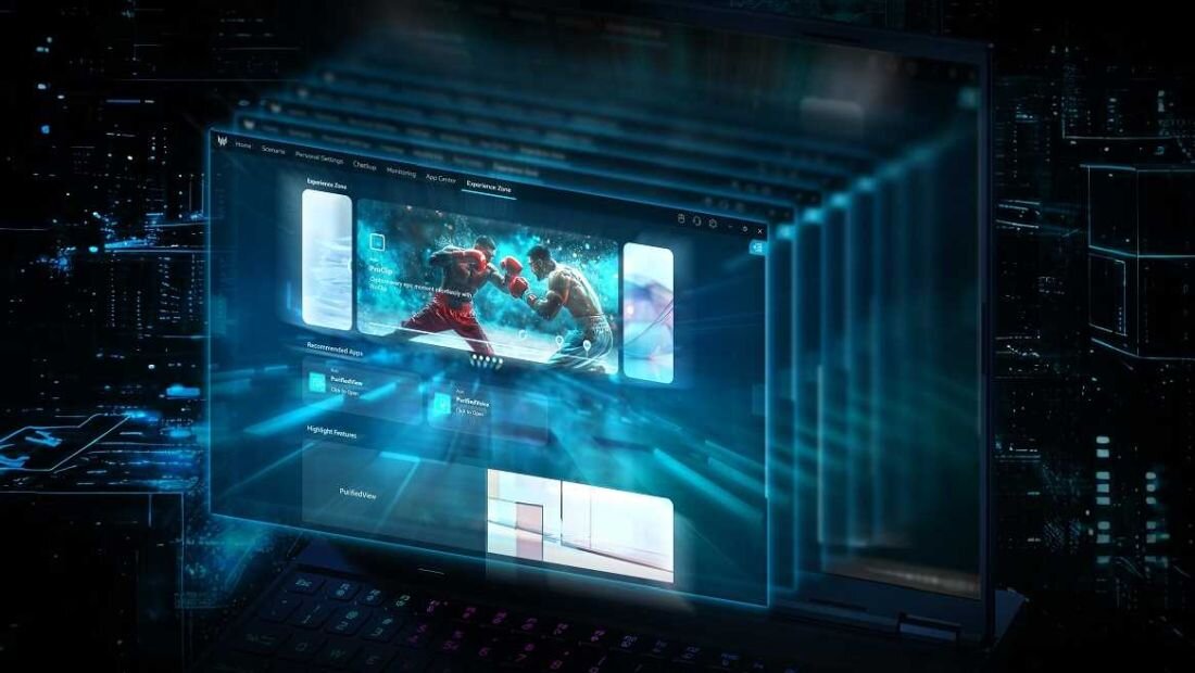 Ekran laptopa Predator Helios Neo 16 z otwartą aplikacją PredatorSense, prezentacja panelu sterowania ustawieniami systemu, efekt wielowarstwowych okien na tle cyfrowego miasta. - PredatorSense  