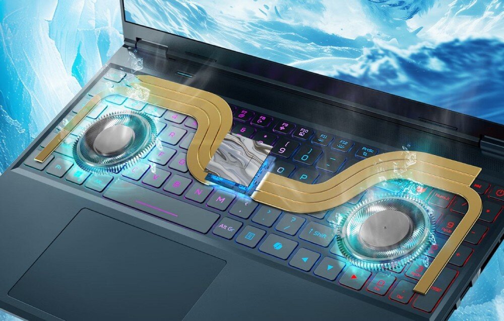 Laptop PREDATOR Helios Neo 16S AI Wizualizacja układu chłodzenia laptopa – dwa wentylatory i rurki cieplne nad podświetloną klawiaturą, z efektem pary i chłodu, chłodzenie, wentylatory, temperatura, pasta termoprzewodząca