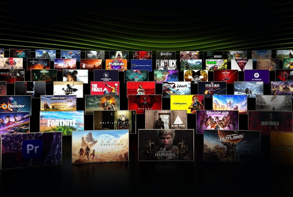 Laptop PREDATOR Helios Neo 16S AI PHN16S-71-9857 Mozaika miniatur okładek gier i programów, w tym 'Minecraft', 'Cyberpunk 2077', 'Fortnite', 'Blender', 'Unreal' i 'Dragon Age', karta graficzna, moc GPU, technologie