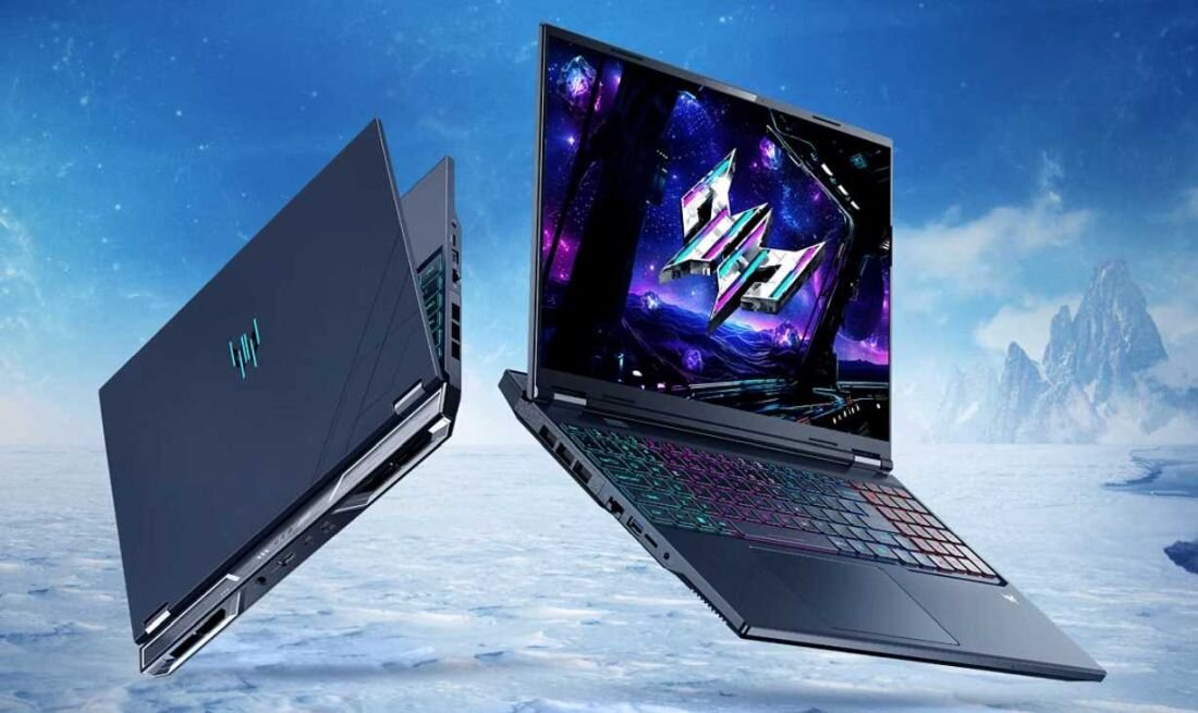 Dwa laptopy Predator Helios Neo 16 – jeden zamknięty z widocznym logo Predator, drugi otwarty z ekranem prezentującym futurystyczną grafikę 3D, podświetlana klawiatura RGB, tło lodowej krainy i gór.