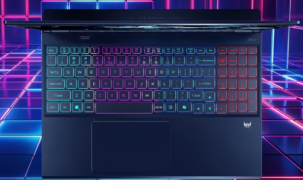 Laptop PREDATOR Helios Neo 16S AI Widok z góry na podświetloną klawiaturę laptopa z czterema strefami kolorów na tle neonowej siatki, podświetlenie RGB, logo, styl, kolory, efekty