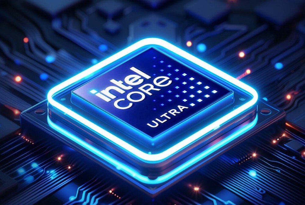 Laptop PREDATOR Helios 16 AI PH16-73 Render procesora z napisem 'intel Core Ultra' otoczonego niebieskim podświetleniem, umieszczony na tle płyty głównej z widocznymi ścieżkami i podzespołami, procesor, rdzenie, NPU, funkcje